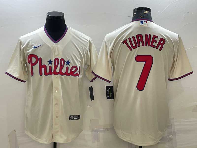 Mens Philadelphia Phillies #7 Trea Turner Cream Cool Base Stitched Baseball Jersey